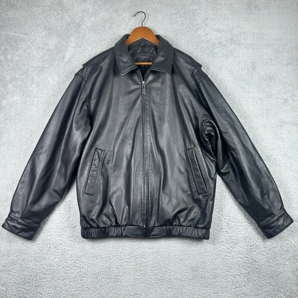 St. Johns‎ Bay Nappa Leather Vintage Bomber Jacket Mens Large Tall LT Black Soft